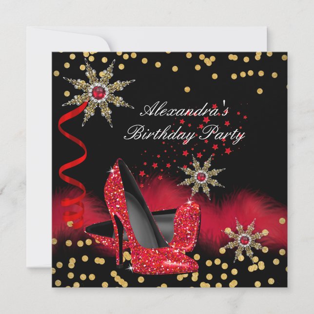 Glitzer Red High Heels Black Birthday Party Einladung (Vorderseite)