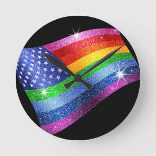 Glitzer-Regenbogen-amerikanische Flaggen-Uhr Runde Wanduhr