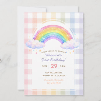 Glitzer-Regenbogen-Gingham-Einladung zum ersten Ge Einladung