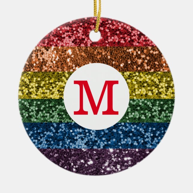 Glitzer-Regenbogen-Monogramm-Spargel Keramik Ornament (Vorne)