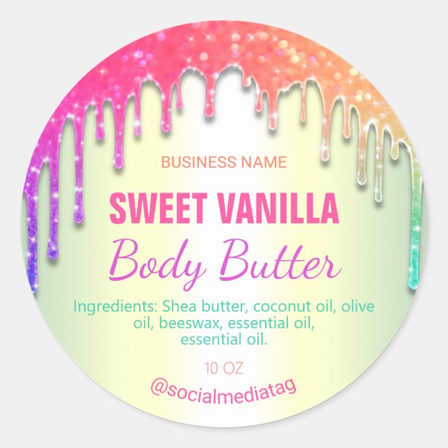 Glitzer Regenbogen Tropfen Body Butter Labels Runder Aufkleber (Vorderseite)