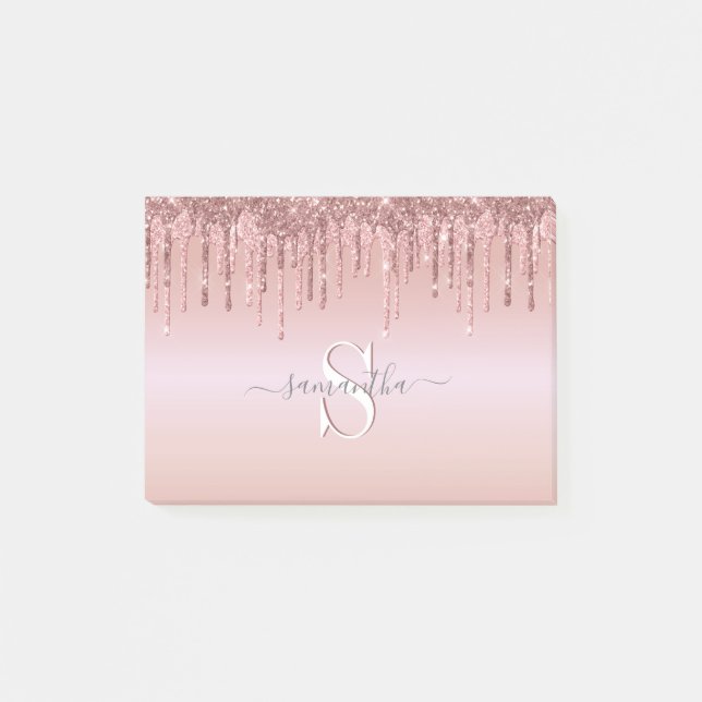 Glitzer Rosa Gold Monogramm Name Post-it Klebezettel (Vorderseite)