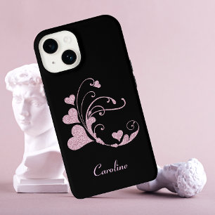 Glitzer Rosa Herzschlacke Monogramm iPhone 14 Hülle