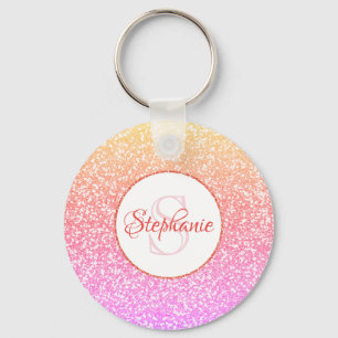 Glitzer Rosa Koralle Rose Gold Round Monogram Schlüsselanhänger