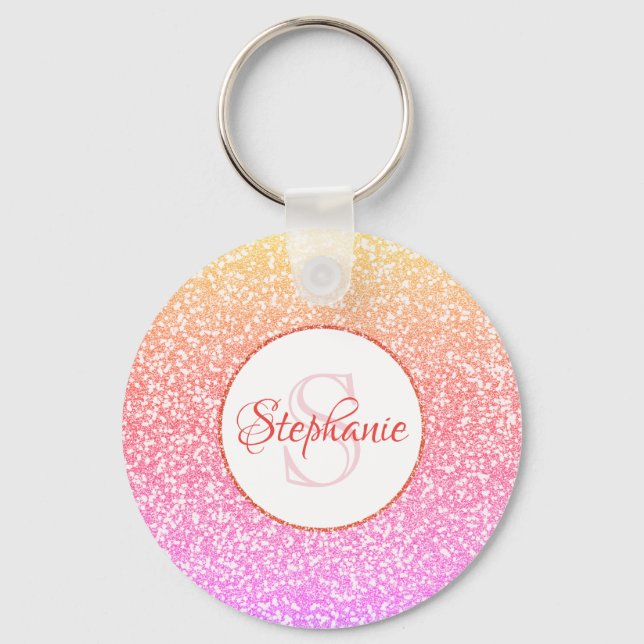 Glitzer Rosa Koralle Rose Gold Round Monogram Schlüsselanhänger (Vorderseite)