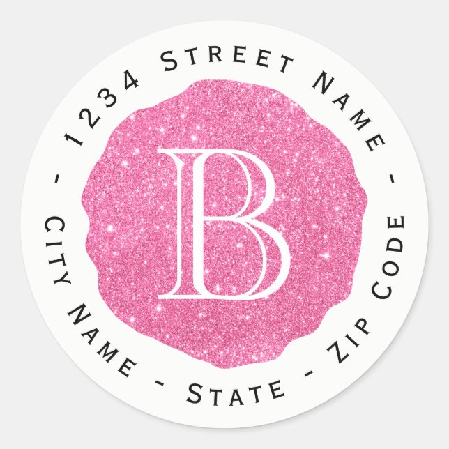 Glitzer Rosa Monogramm Rücksendeadresse Runder Aufkleber (Vorderseite)