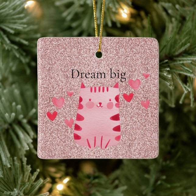 Glitzer Rosa Niedliche Katzenherzen Keramikornament (Baum)