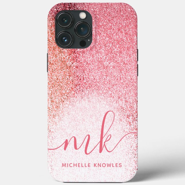 Glitzer-Rosa-Roségold-Monogramm-Skript Case-Mate iPhone Hülle (Rückseite)