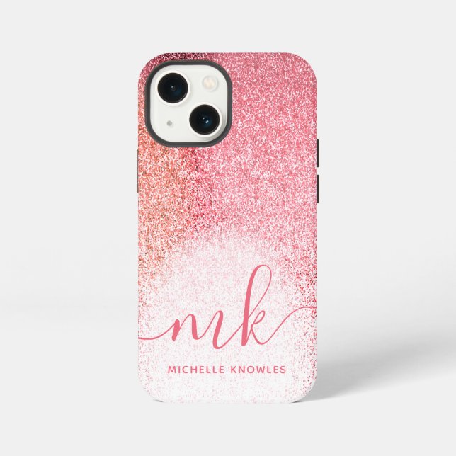 Glitzer-Rosa-Roségold-Monogramm-Skript iPhone 13 Mini Hülle (Rückseite)
