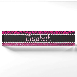 Glitzer-rosa und schwarze Muster-Kristall Namensplakette