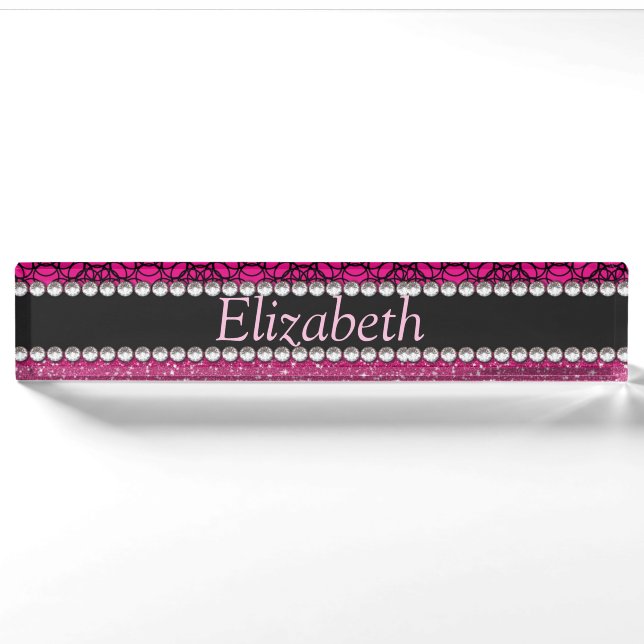 Glitzer-rosa und schwarze Muster-Kristall Namensplakette (Vorderseite)