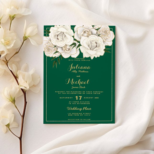 Glitzer Rose Blumenzehen Einladung (Green white gold glitter roses floral Wedding )