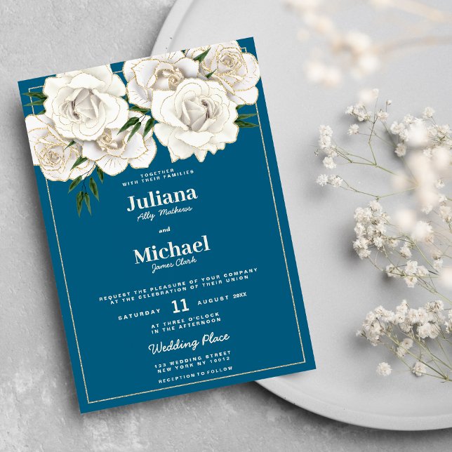 Glitzer Rose Blütenhochzeit Einladung (Sea blue white gold glitter roses floral Wedding )