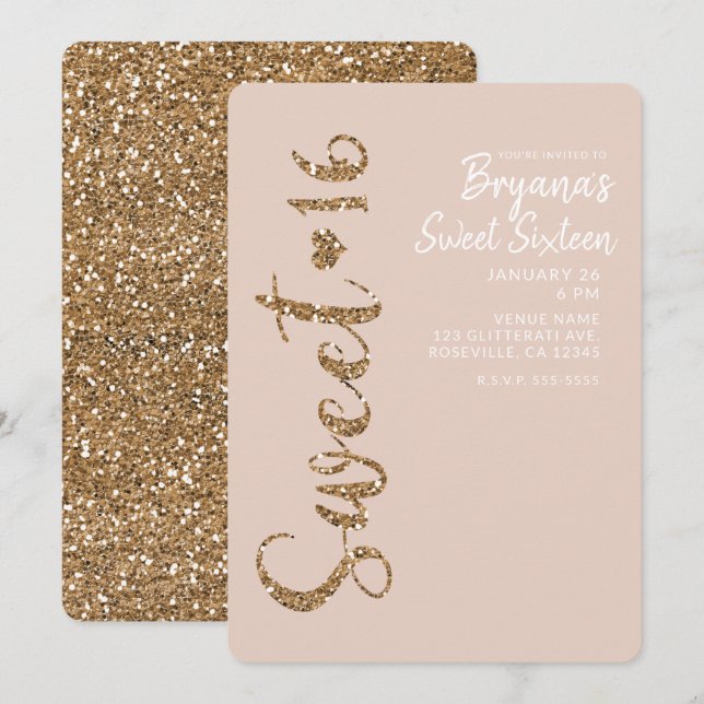 Glitzer Rose Gold Blush Sweet 16 16 Party Einladung (Vorne/Hinten)