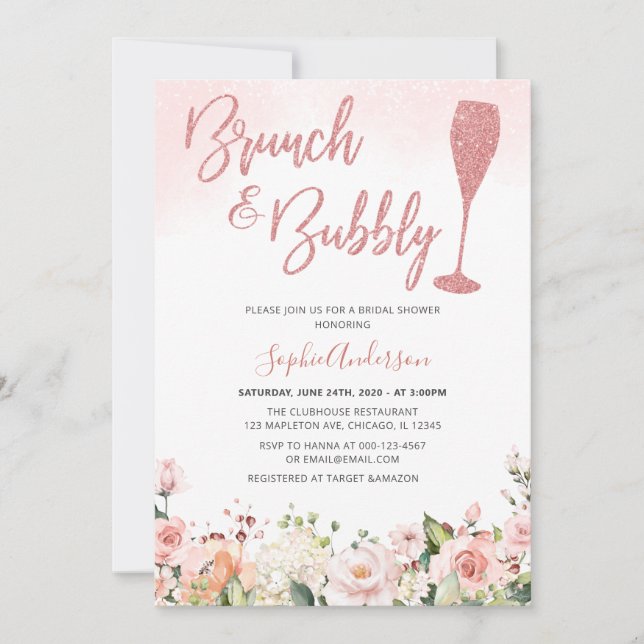 Glitzer Rose Gold Brunch und Brautparty Einladung (Vorderseite)