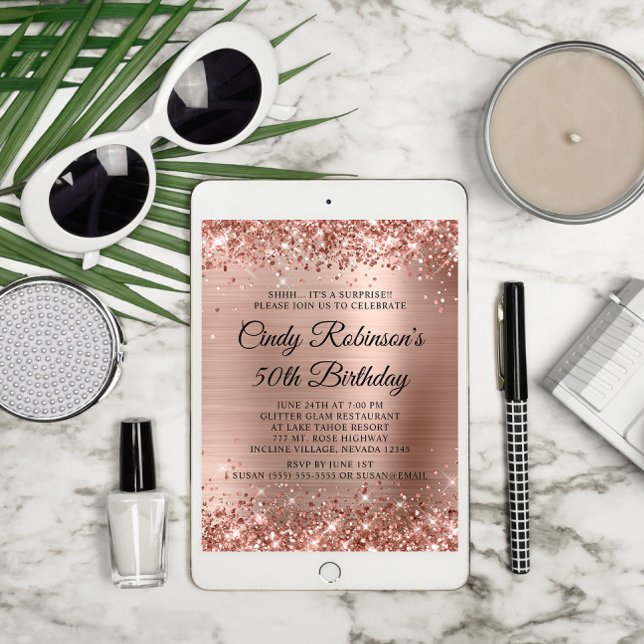 Glitzer Rose Gold Foil Überraschung 50. Geburtstag Einladung (Surprise 50th Birthday Downloadable Invite)