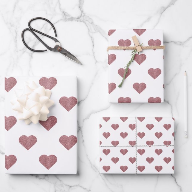 Glitzer Rose Gold Herzstück Weiße Hintergrundgesch Geschenkpapier Set (Vorderseite)