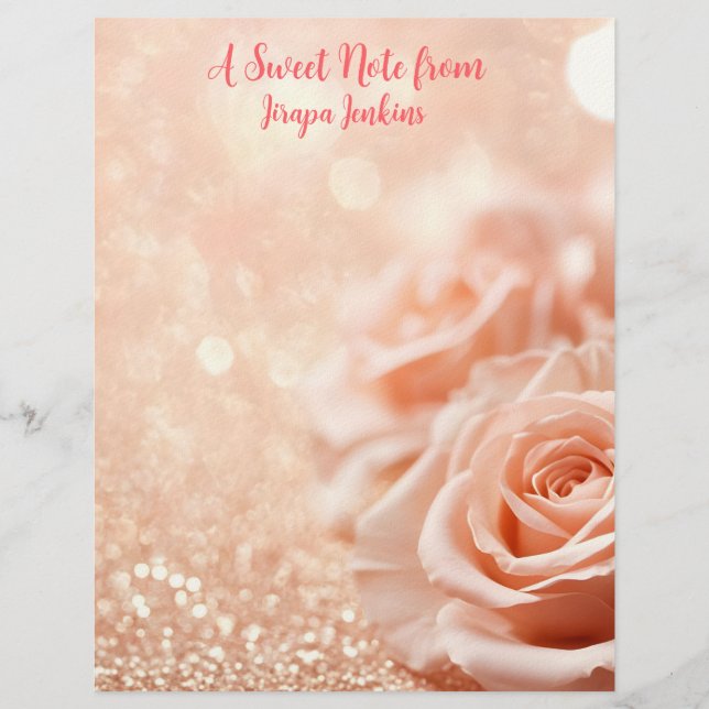 Glitzer Rose Gold Hintergrund und Rose Gold Rose Briefbogen (Vorderseite)