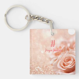 Glitzer Rose Gold Hintergrund und Rose Gold Rose Schlüsselanhänger
