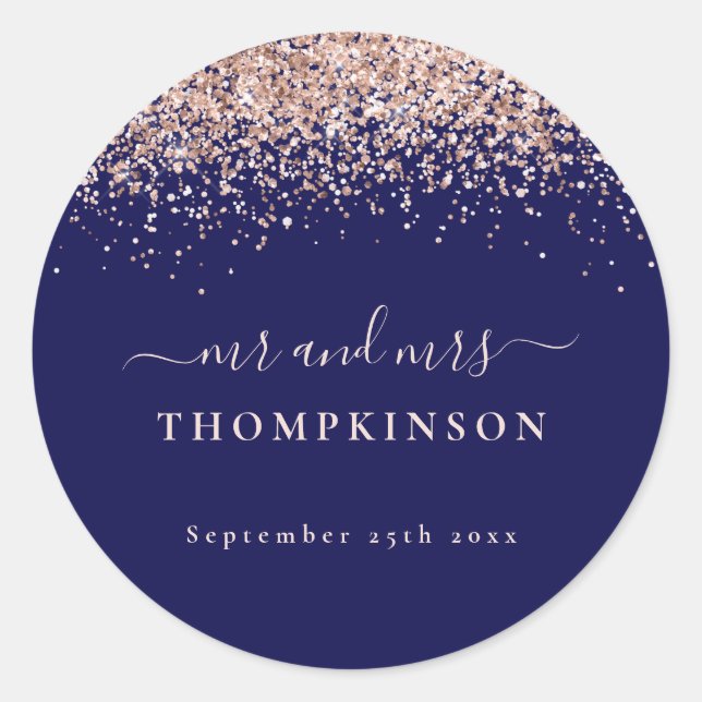 Glitzer Rose Gold Mr. Wedding Navy Blush Runder Aufkleber (Vorderseite)