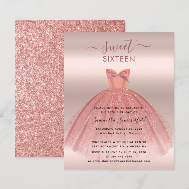 Glitzer Rose Gold Script Sweet 16 Party Einladunge (Vorne/Hinten)