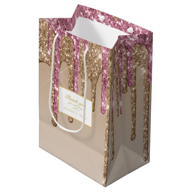 Glitzer Rose Pink Gold Girls DANKEN Mittlere Geschenktüte (Vorderseite Schrägansicht)