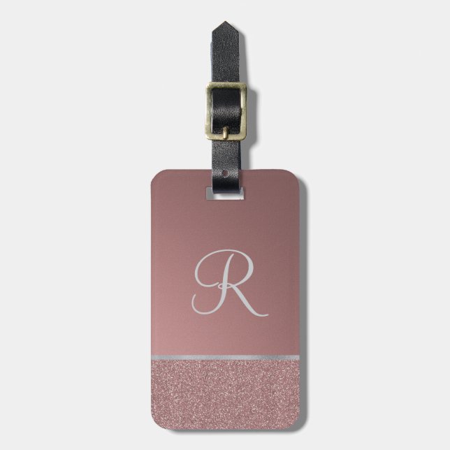 Glitzer-Rosen-Rosa mit silbernem Monogramm Gepäckanhänger (Vorderseite vertikal)