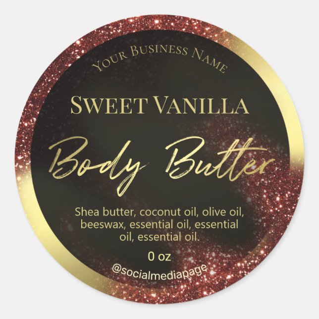 Glitzer-Rot- und Gold-Body-Butter-Etiketten Runder Aufkleber (Vorderseite)