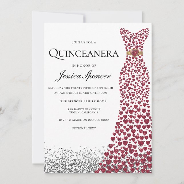 Glitzer Rote Liebe Herzkleid Quinceanera Einladung (Vorderseite)