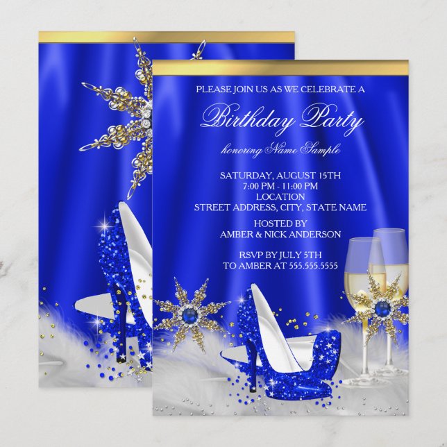 Glitzer Royal Blue High Heels Gold Champagne Party Einladung (Vorne/Hinten)