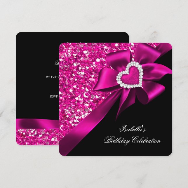Glitzer Royal Hot Pink Heart Bow Black Party Einladung (Vorne/Hinten)