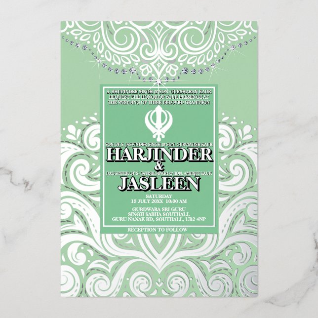 Glitzer Sage SIlver Gold Sikh Anand Karaj Wedding Folieneinladung (Vorderseite)