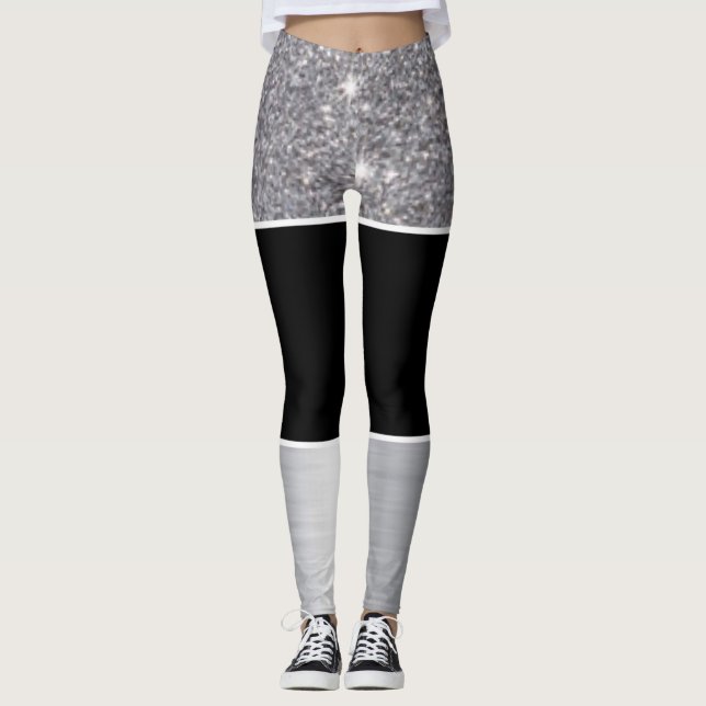 Glitzer-schwarzer silberner Muster-Druck-Entwurf Leggings (Vorderseite)