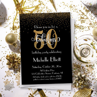 Glitzer & Script 50 & Fabulous auf Black, Birthday Einladung