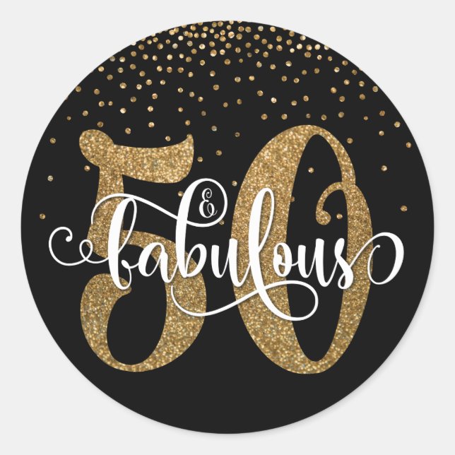 Glitzer & Script 50 & Fabulous auf Black, Birthday Runder Aufkleber (Vorderseite)