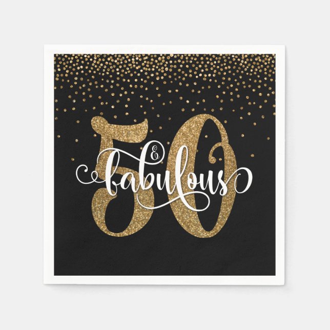 Glitzer & Script 50 & Fabulous, Black Birthday Serviette (Vorderseite)