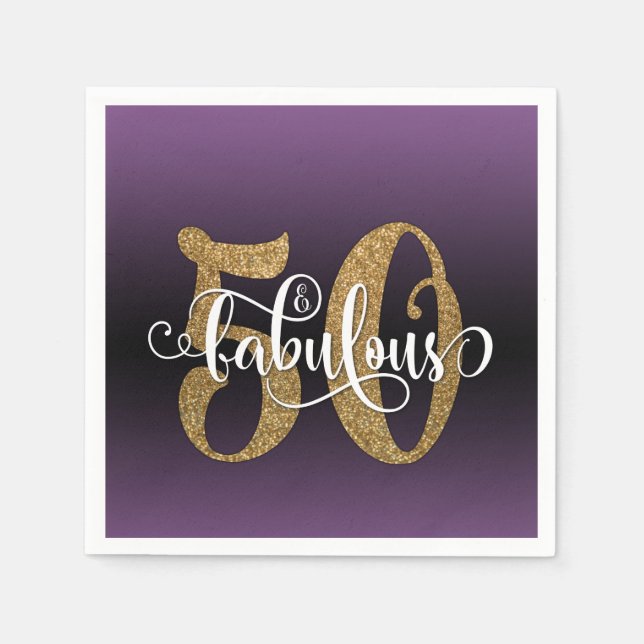 Glitzer & Script 50 & Fabulous, Lila Geburtstag Serviette (Vorderseite)
