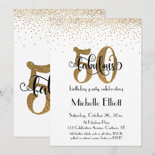 Glitzer & Script 50 & Fabulous on White, Birthday Einladung