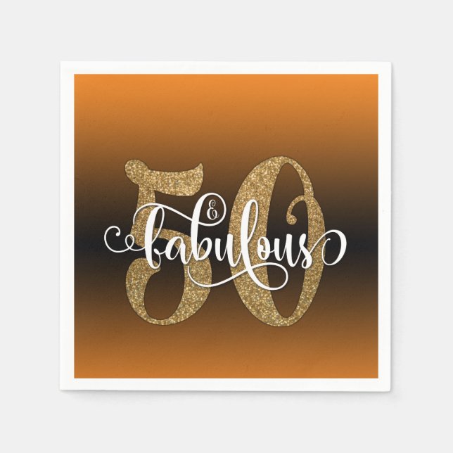 Glitzer & Script 50 & Fabulous, Orange Birthday Serviette (Vorderseite)