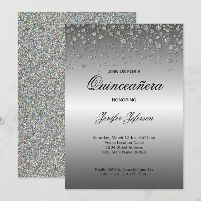 Glitzer silber Konfetti Quinceanera Einladung (Vorne/Hinten)