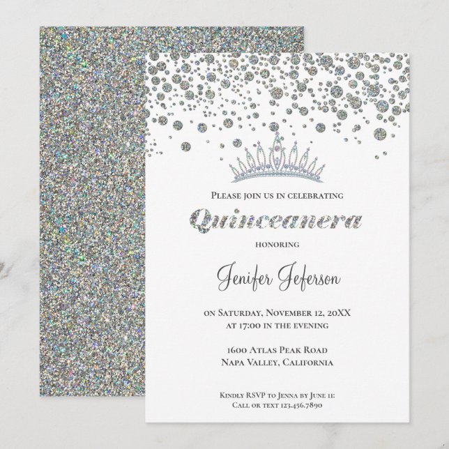 Glitzer silber Konfetti Quinceanera Einladung (Vorne/Hinten)