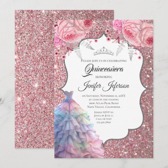 Glitzer Silber Tropfen Quinceanera Einladung (Vorne/Hinten)