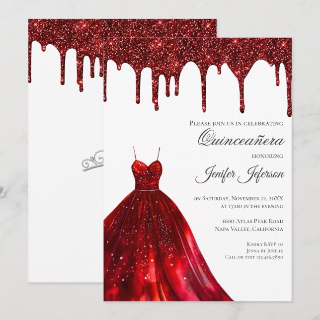 Glitzer Silber Tropfen Quinceanera Einladung (Vorne/Hinten)