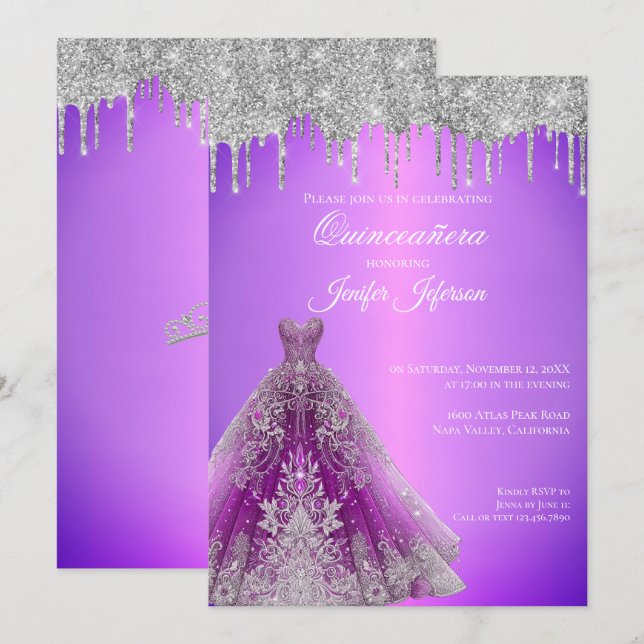 Glitzer Silber Tropfen Quinceanera Einladung (Vorne/Hinten)
