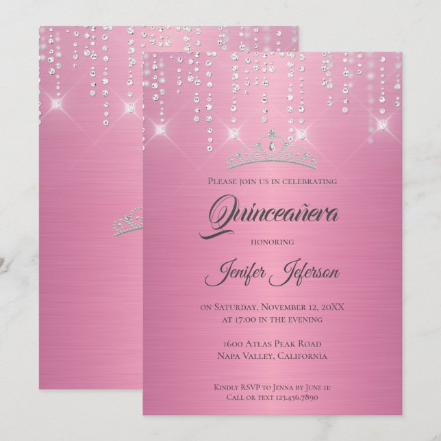 Glitzer Silber Tropfen Quinceanera Einladung (Vorne/Hinten)