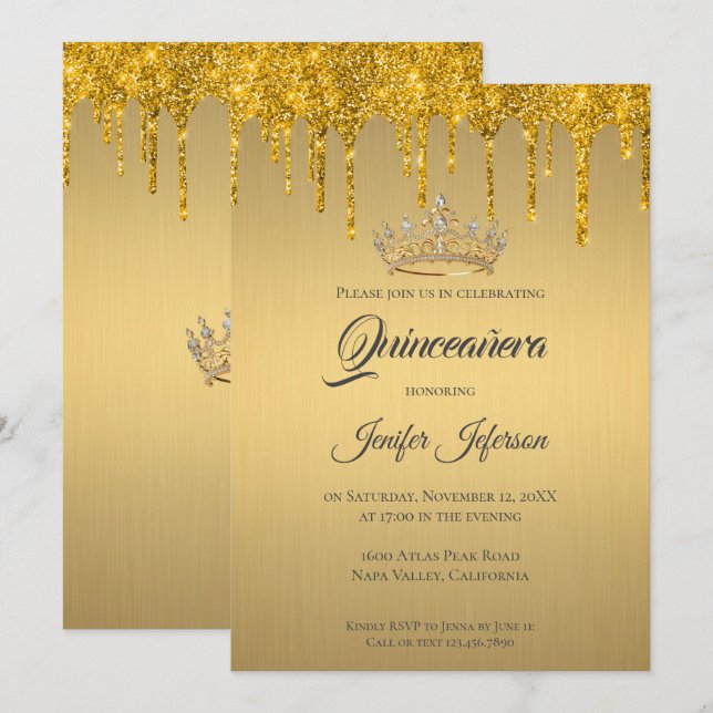Glitzer Silber Tropfen Quinceanera Einladung (Vorne/Hinten)