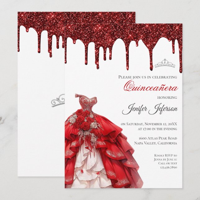 Glitzer Silber Tropfen Quinceanera Einladung (Vorne/Hinten)