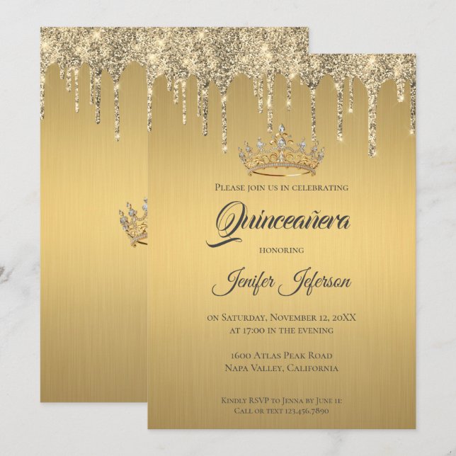 Glitzer Silber Tropfen Quinceanera Einladung (Vorne/Hinten)