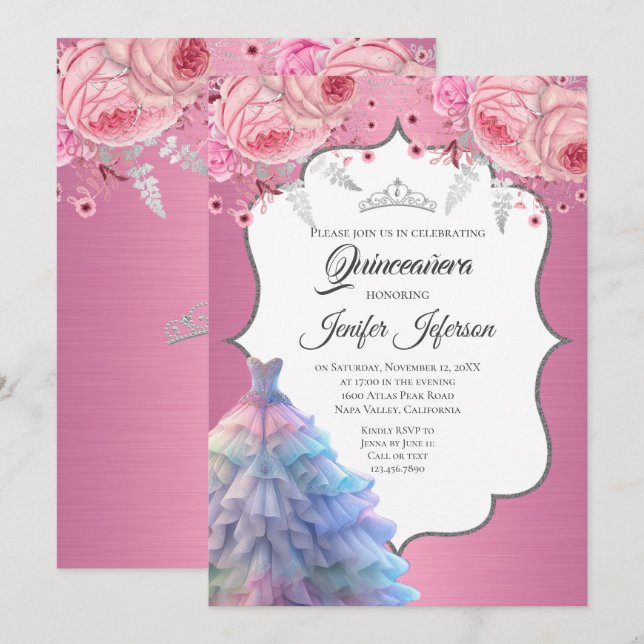 Glitzer Silber Tropfen Quinceanera Einladung (Vorne/Hinten)