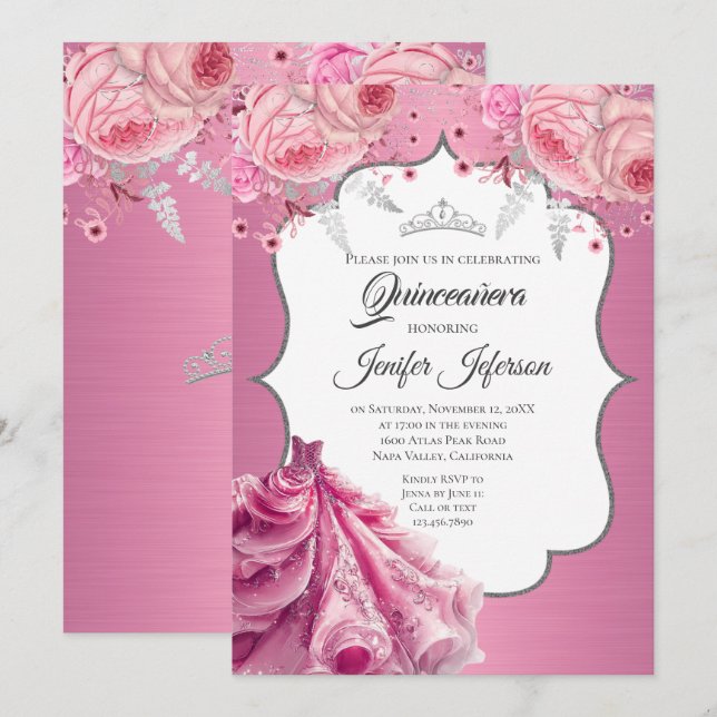 Glitzer Silber Tropfen Quinceanera Einladung (Vorne/Hinten)